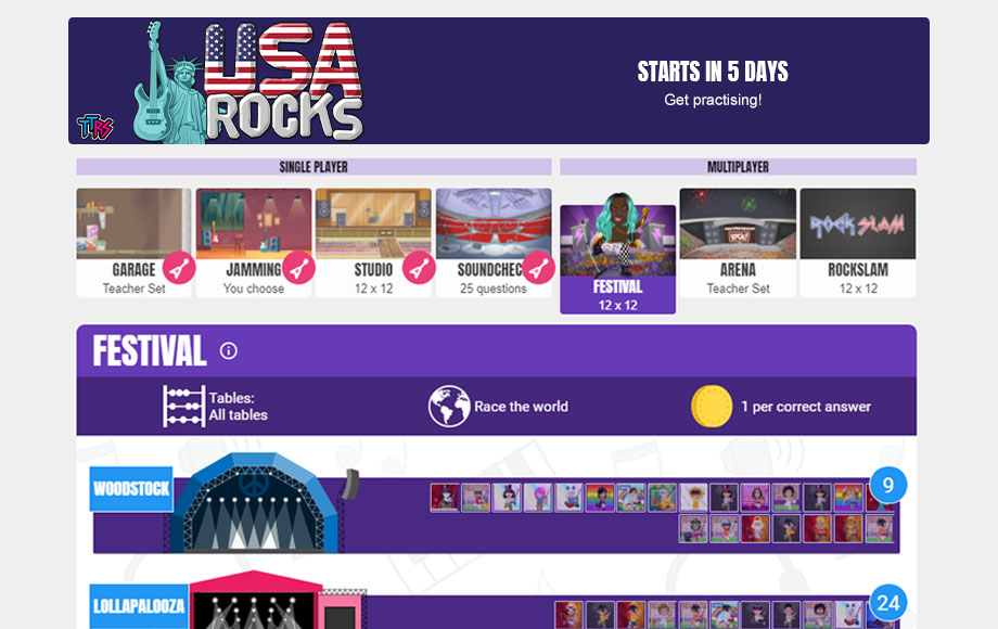 Times Tables Rock Stars USA Rocks Competition student view.