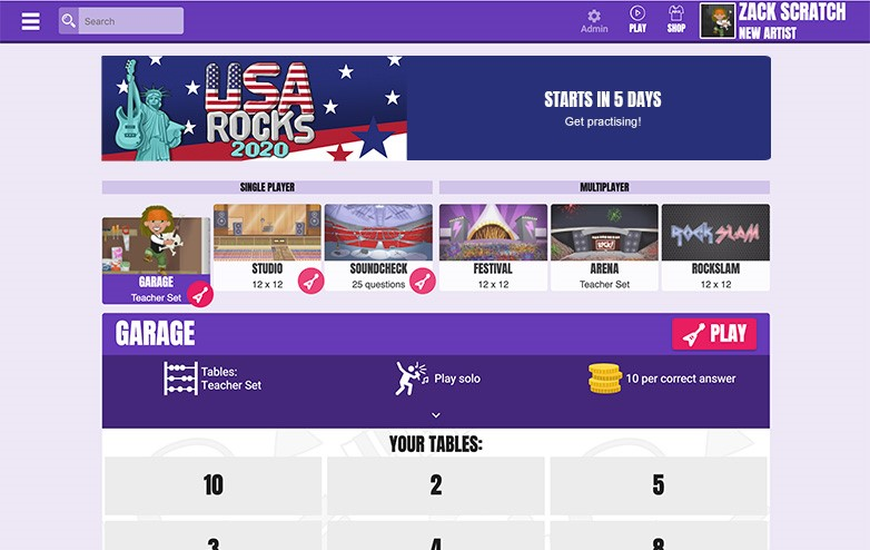 Times Tables Rock Stars USA Rocks Competition student view.