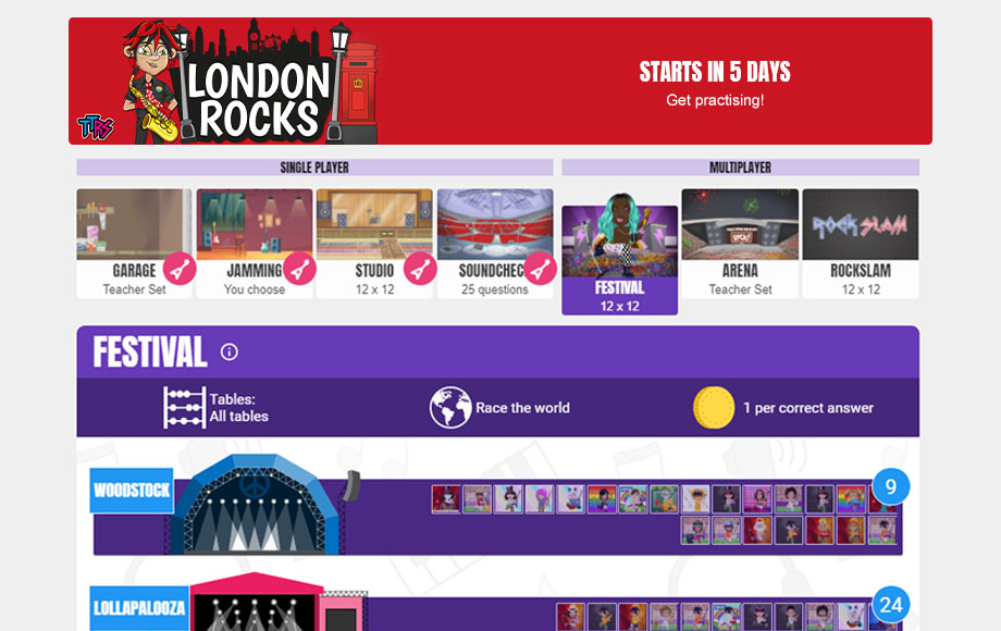 Times Tables Rock Stars London Rocks Competition student view.