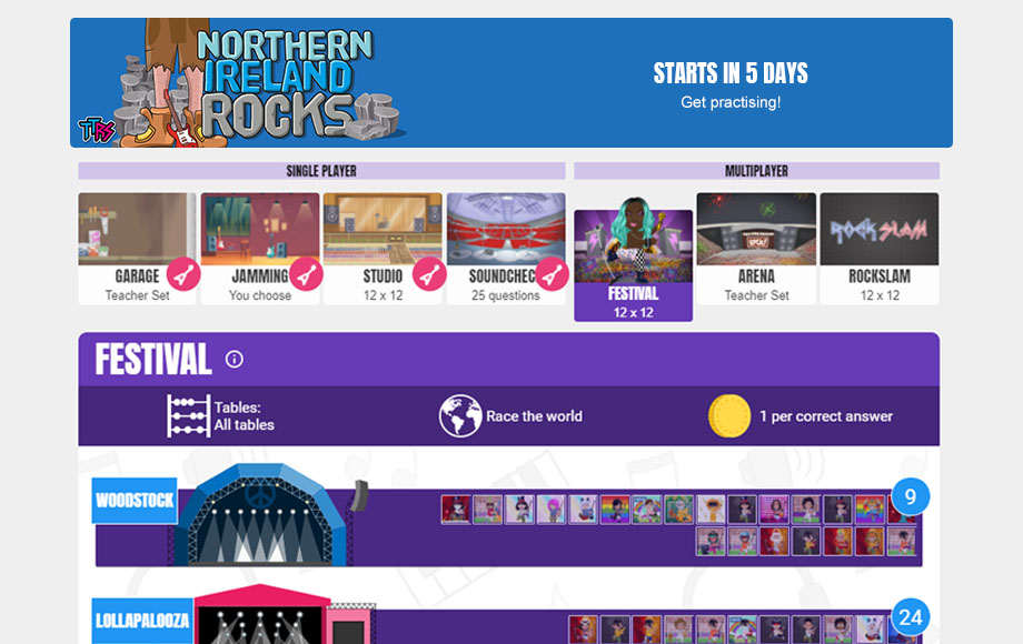 Times Tables Rock Stars Northern Ireland Rocks Competition student view.
