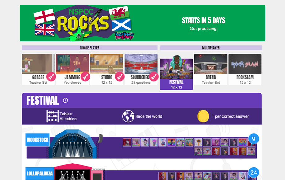 Times Tables Rock Stars NSPCC Rocks Competition student view.