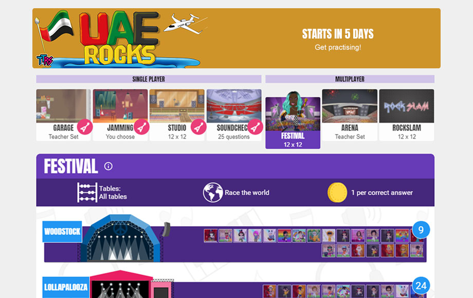 Times Tables Rock Stars UAE Rocks Competition student view.