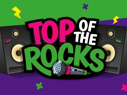 Top of the Rocks logo with microphone and speakers.